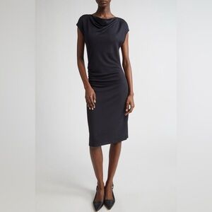 Vince Black Ruched Side Cowl Neck Midi Dress XS Cap Sleeve Stretch Knit